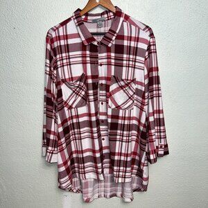 By Design Women’s 3X‎ button upTop Red, White, Burgundy Plaid Polyester soft